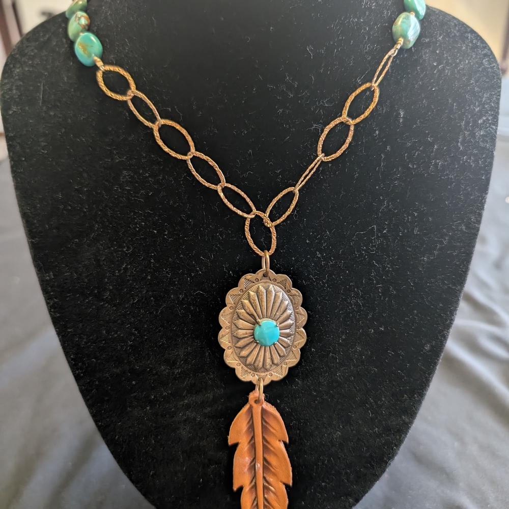 Turquoise and Gold Feather Pendant Necklace